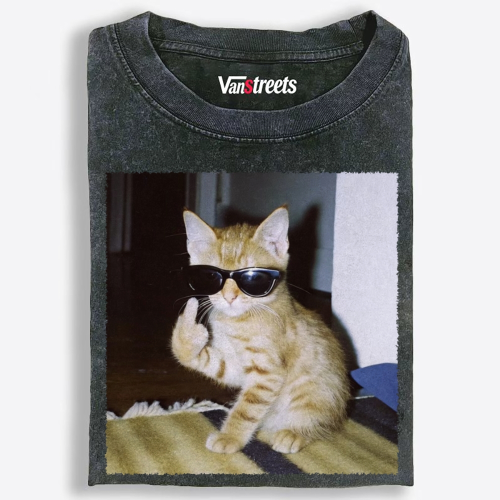 Middle Finger Cat Retro Washed T-Shirt | 100% Cotton | Streetwear Essential