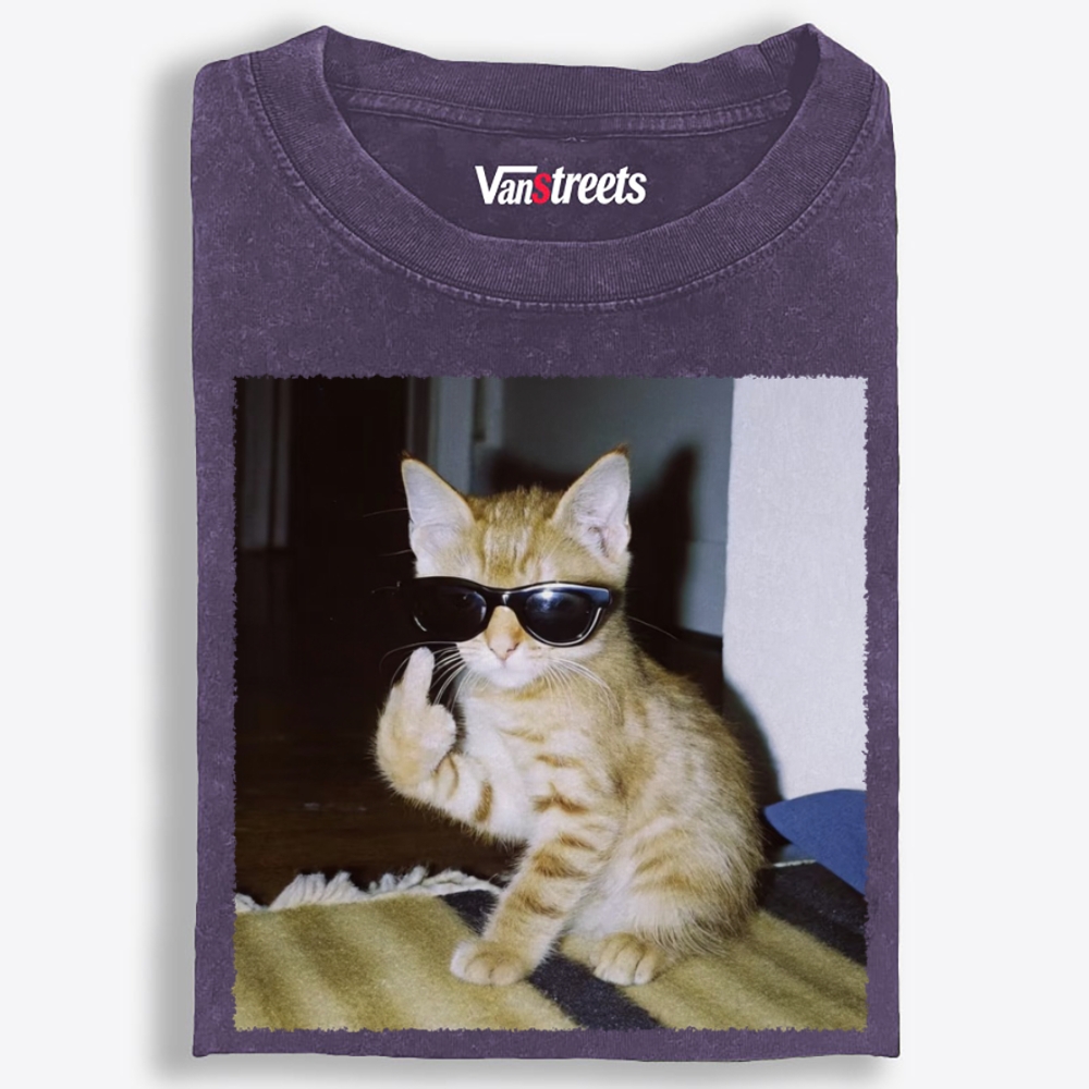 Middle Finger Cat Retro Washed T-Shirt | 100% Cotton | Streetwear Essential
