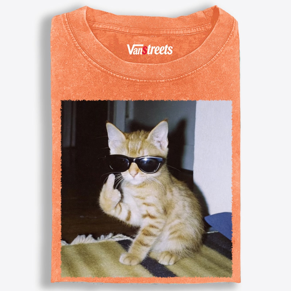 Middle Finger Cat Retro Washed T-Shirt | 100% Cotton | Streetwear Essential