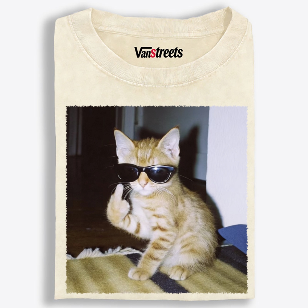 Middle Finger Cat Retro Washed T-Shirt | 100% Cotton | Streetwear Essential