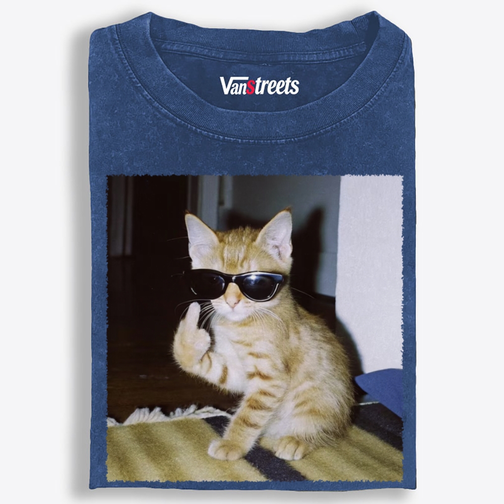 Middle Finger Cat Retro Washed T-Shirt | 100% Cotton | Streetwear Essential