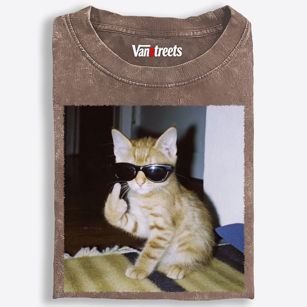 Middle Finger Cat Retro Washed T-Shirt | 100% Cotton | Streetwear Essential