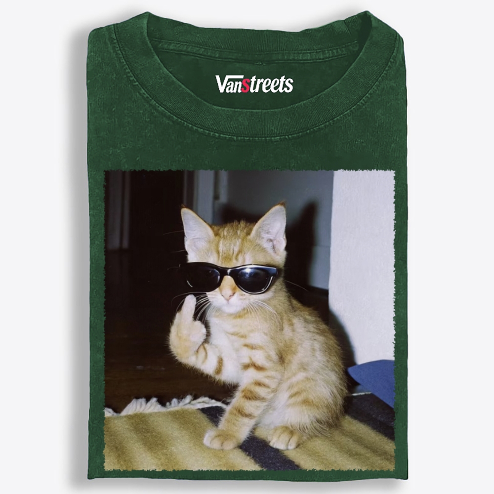 Middle Finger Cat Retro Washed T-Shirt | 100% Cotton | Streetwear Essential