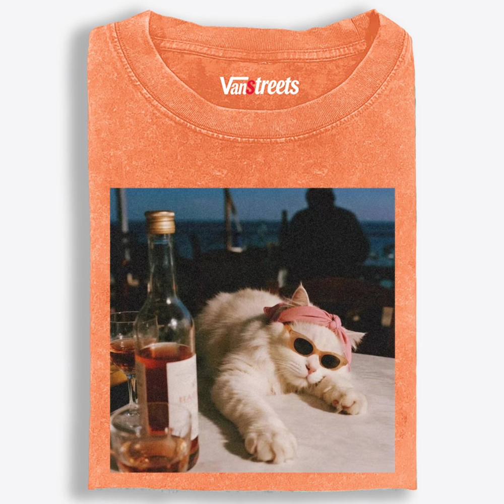Drunk Cool Cat Retro Washed T-Shirt | 100% Cotton | Streetwear Essential