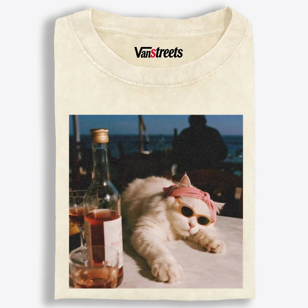 Drunk Cool Cat Retro Washed T-Shirt | 100% Cotton | Streetwear Essential