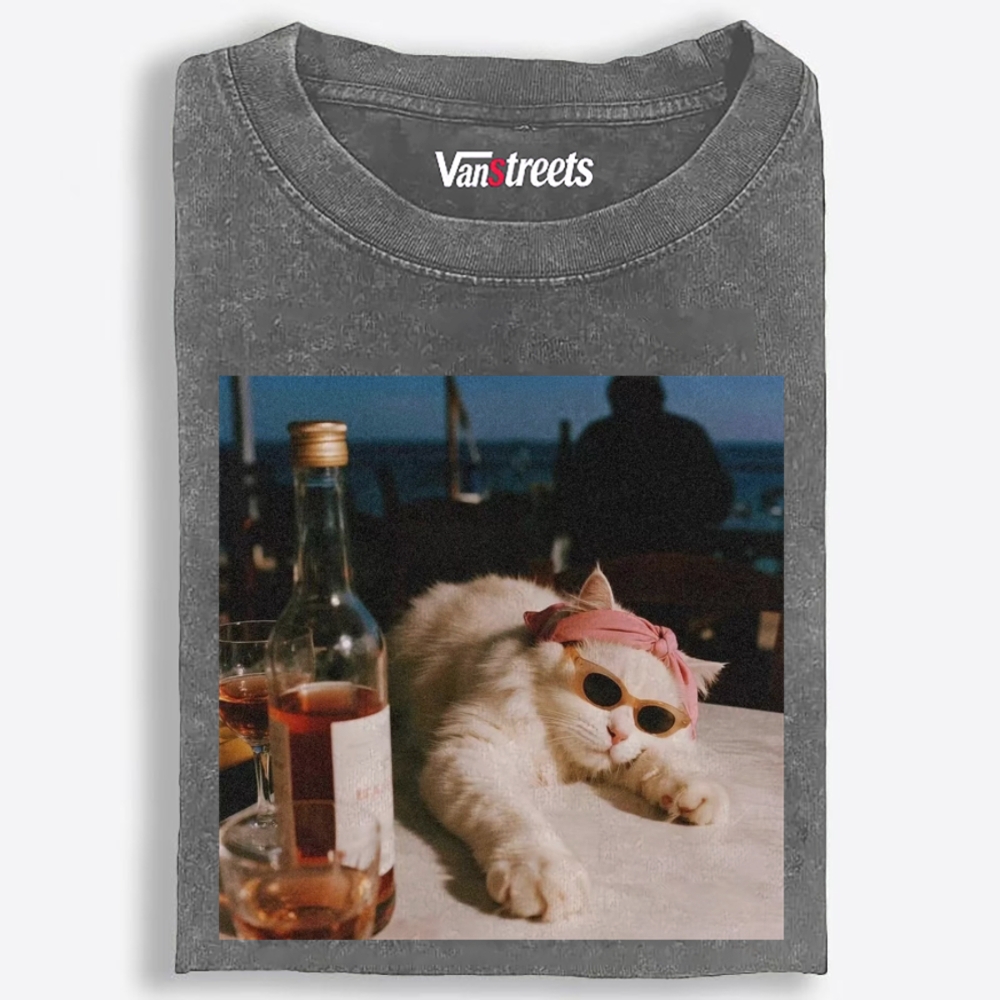 Drunk Cool Cat Retro Washed T-Shirt | 100% Cotton | Streetwear Essential