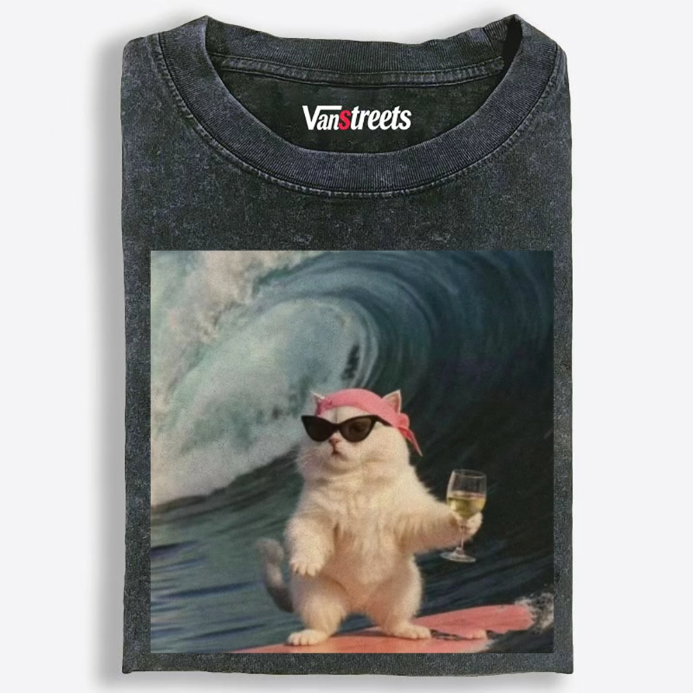 Surfing Wine Cat Retro Washed T-Shirt | 100% Cotton | Streetwear Essential