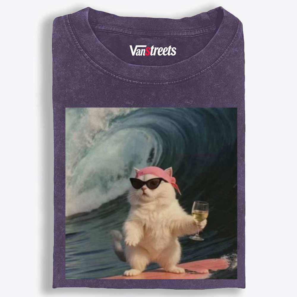 Surfing Wine Cat Retro Washed T-Shirt | 100% Cotton | Streetwear Essential