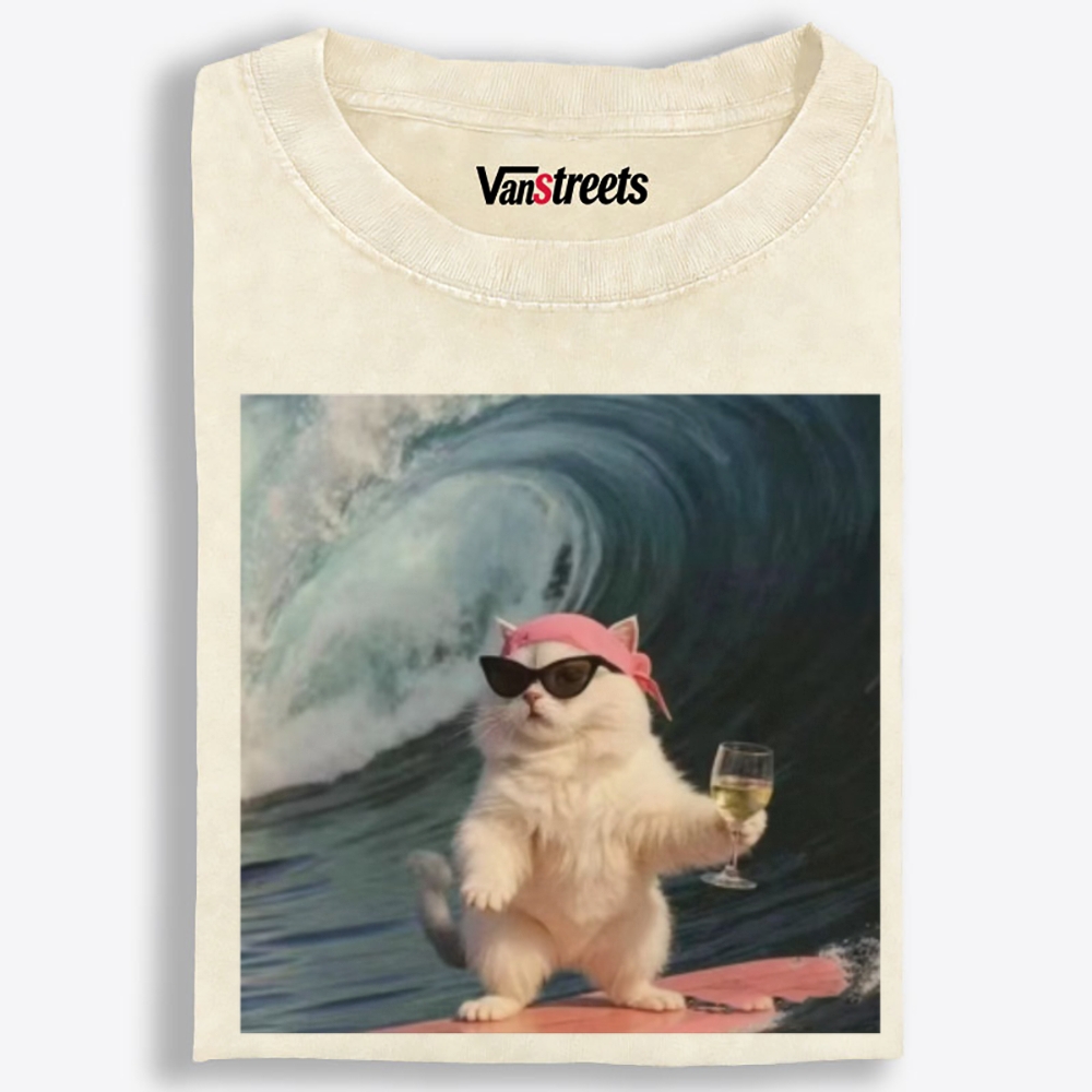 Surfing Wine Cat Retro Washed T-Shirt | 100% Cotton | Streetwear Essential