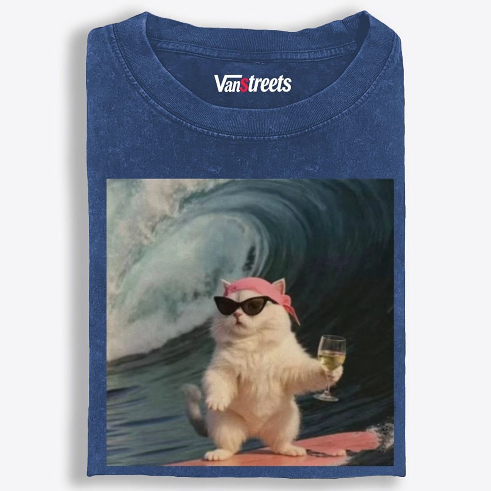 Surfing Wine Cat Retro Washed T-Shirt | 100% Cotton | Streetwear Essential