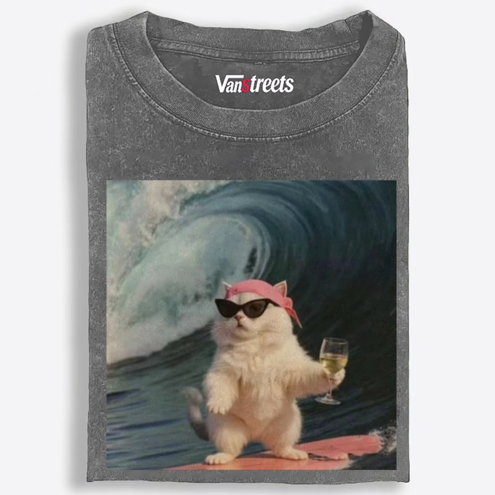 Surfing Wine Cat Retro Washed T-Shirt | 100% Cotton | Streetwear Essential