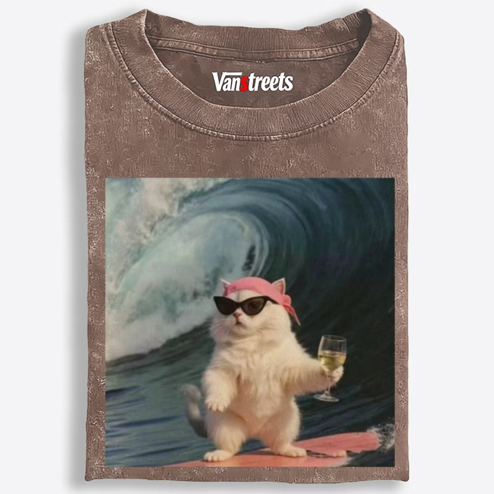 Surfing Wine Cat Retro Washed T-Shirt | 100% Cotton | Streetwear Essential