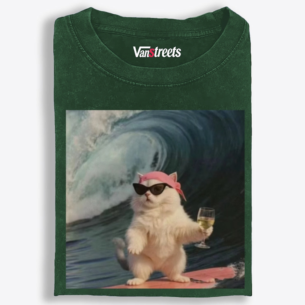 Surfing Wine Cat Retro Washed T-Shirt | 100% Cotton | Streetwear Essential