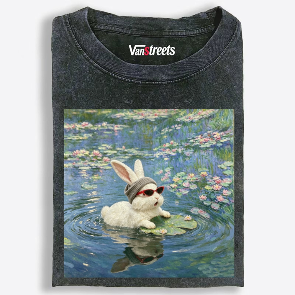 Cool Rabbit on Lily Pad Retro Washed T-Shirt | 100% Cotton | Streetwear Essential