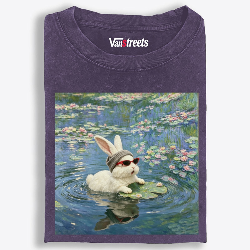 Cool Rabbit on Lily Pad Retro Washed T-Shirt | 100% Cotton | Streetwear Essential