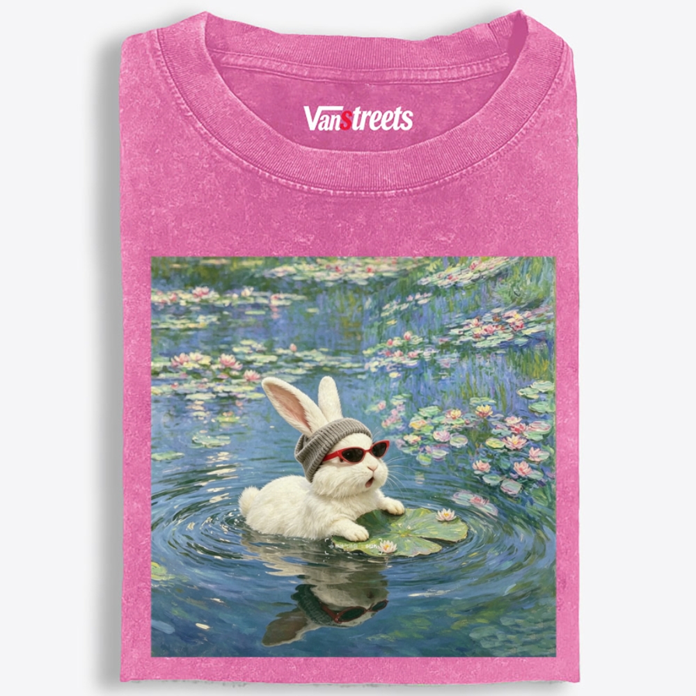 Cool Rabbit on Lily Pad Retro Washed T-Shirt | 100% Cotton | Streetwear Essential