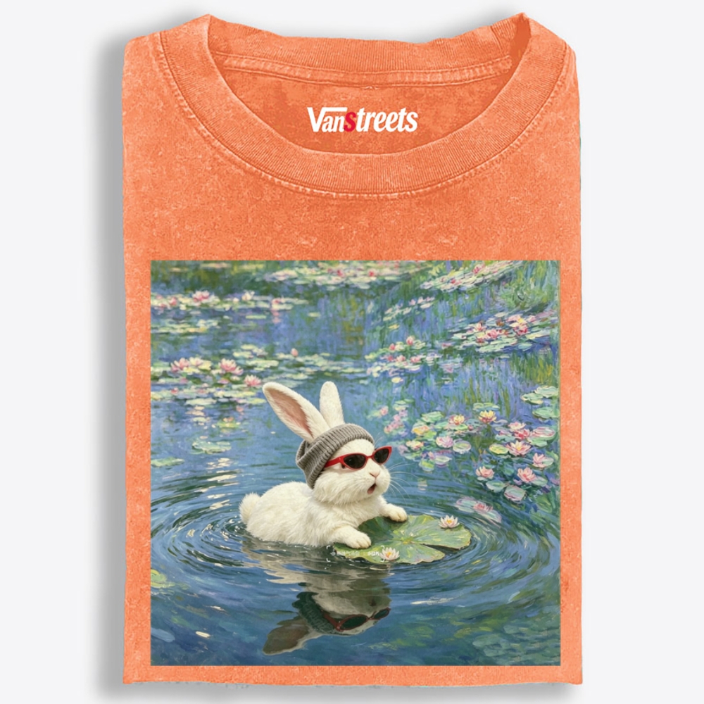 Cool Rabbit on Lily Pad Retro Washed T-Shirt | 100% Cotton | Streetwear Essential