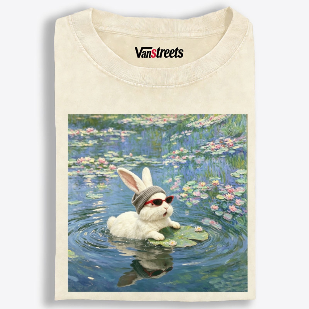 Cool Rabbit on Lily Pad Retro Washed T-Shirt | 100% Cotton | Streetwear Essential