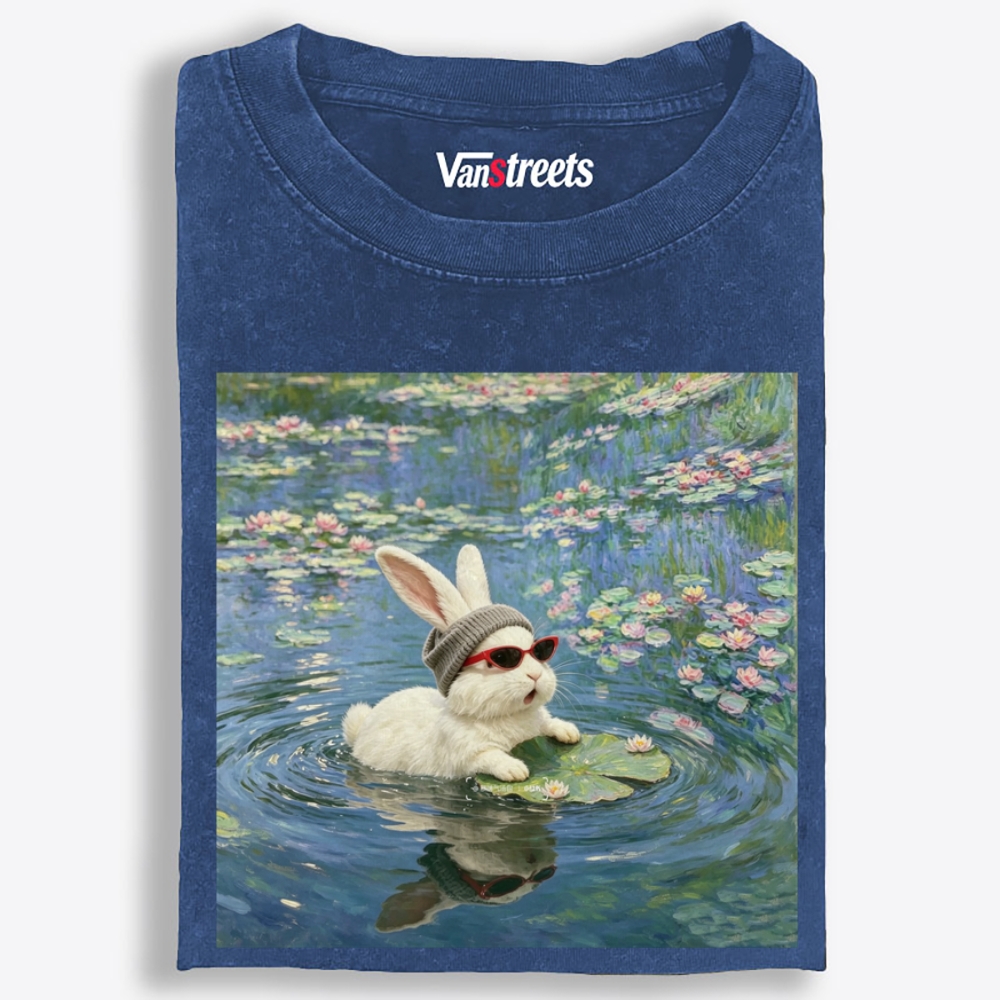 Cool Rabbit on Lily Pad Retro Washed T-Shirt | 100% Cotton | Streetwear Essential