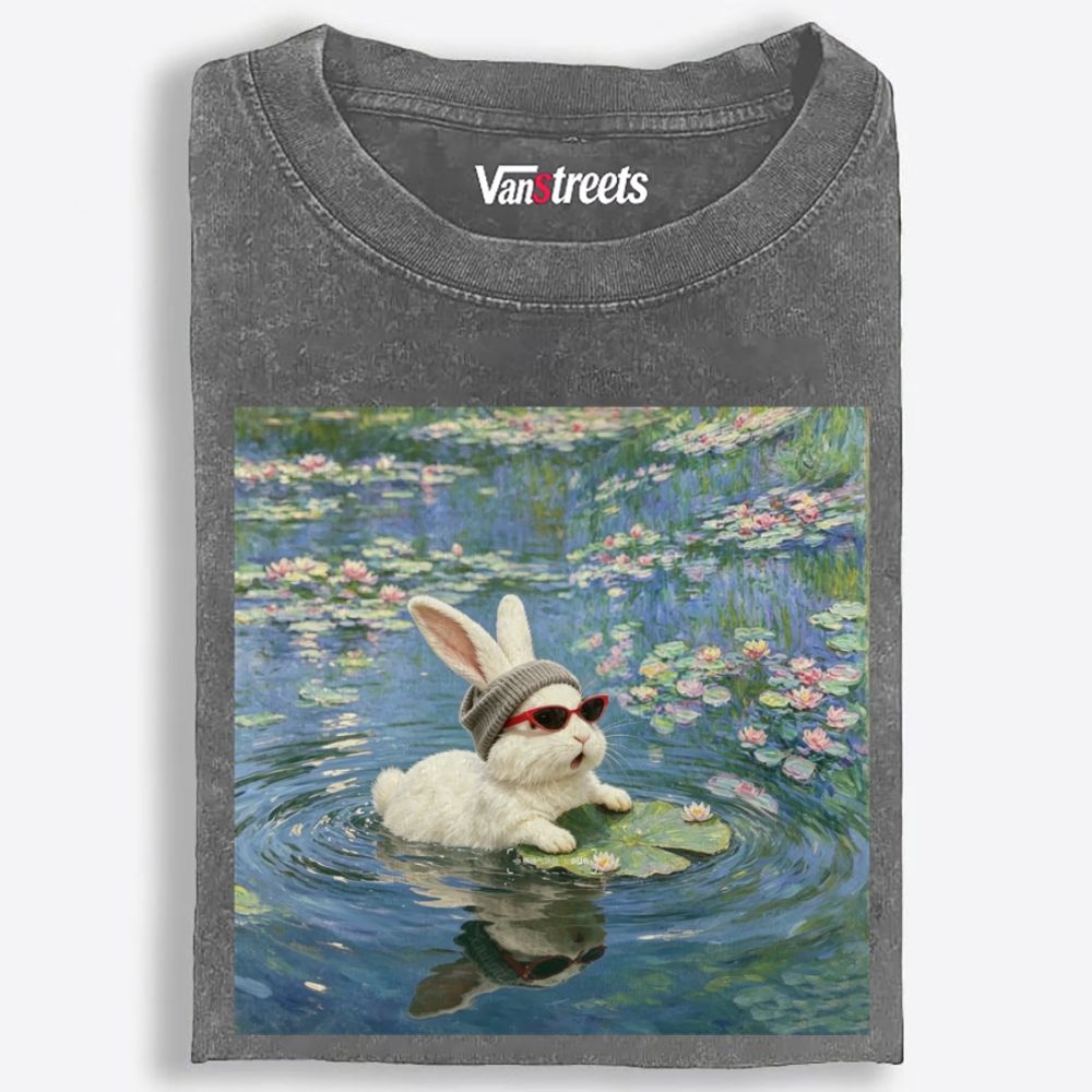 Cool Rabbit on Lily Pad Retro Washed T-Shirt | 100% Cotton | Streetwear Essential