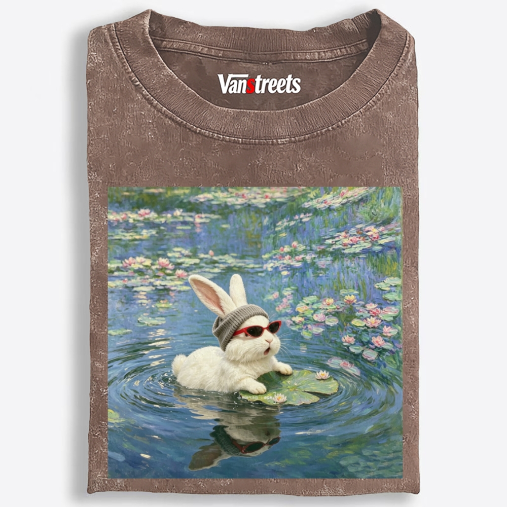 Cool Rabbit on Lily Pad Retro Washed T-Shirt | 100% Cotton | Streetwear Essential