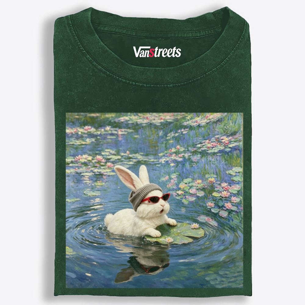 Cool Rabbit on Lily Pad Retro Washed T-Shirt | 100% Cotton | Streetwear Essential