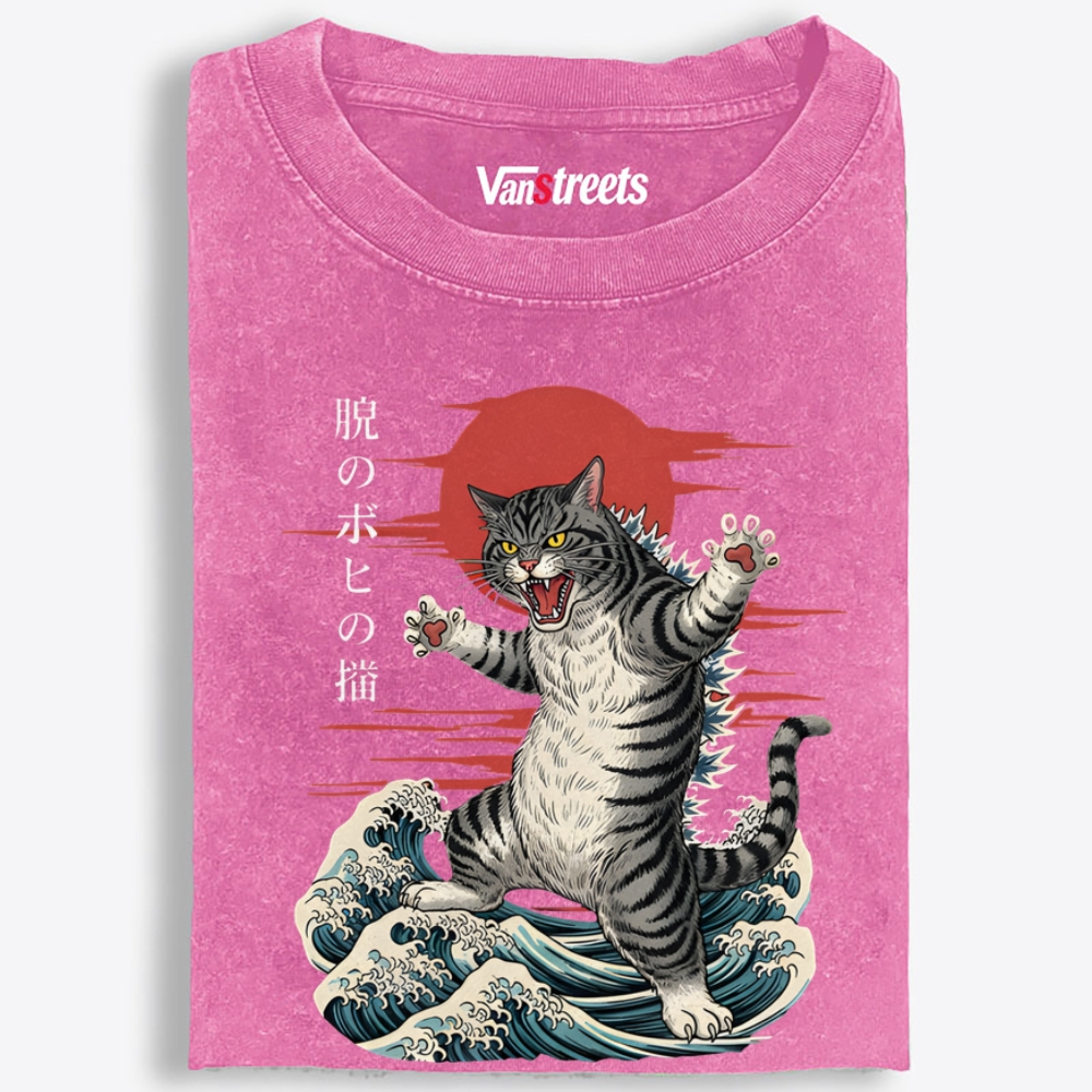 Kaiju Tabby Cat Retro Washed T-Shirt | 100% Cotton | Streetwear Essential