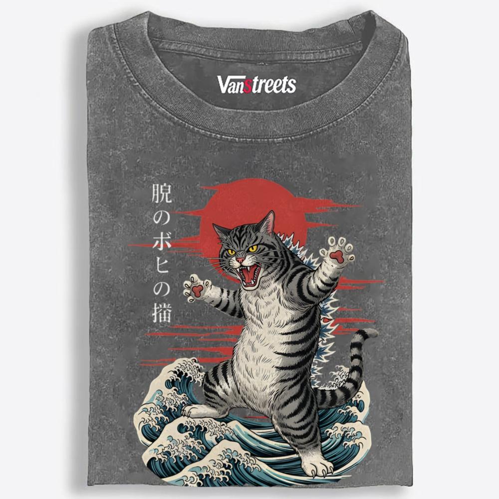 Kaiju Tabby Cat Retro Washed T-Shirt | 100% Cotton | Streetwear Essential
