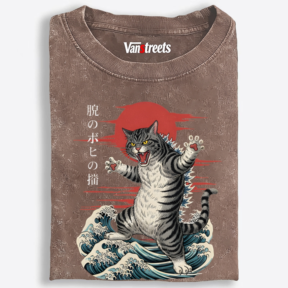 Kaiju Tabby Cat Retro Washed T-Shirt | 100% Cotton | Streetwear Essential