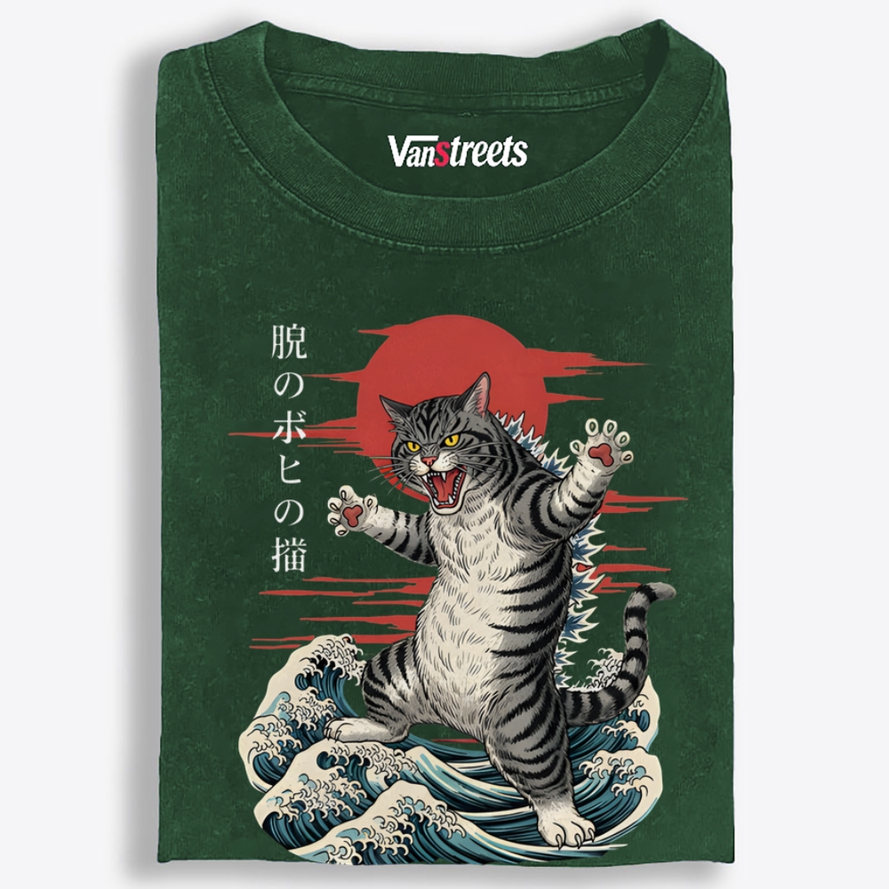 Kaiju Tabby Cat Retro Washed T-Shirt | 100% Cotton | Streetwear Essential
