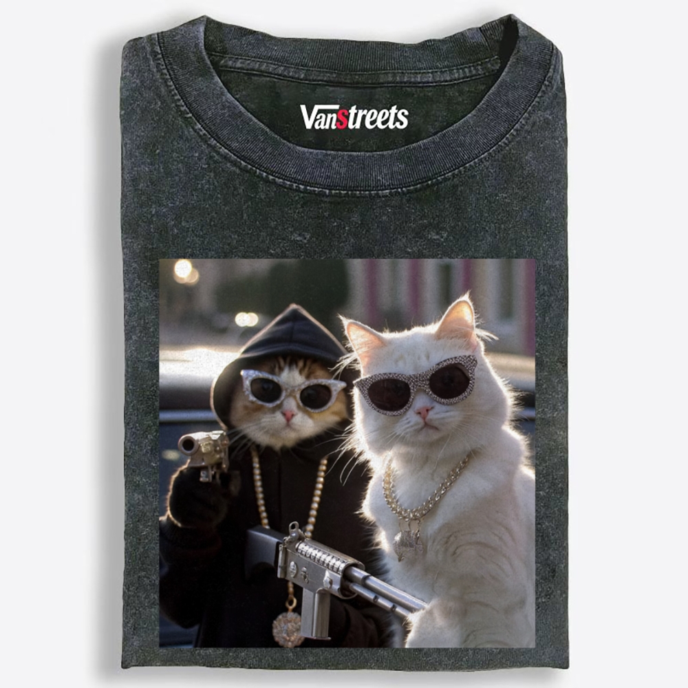 Gangster Cats Retro Washed T-Shirt | 100% Cotton | Streetwear Essential