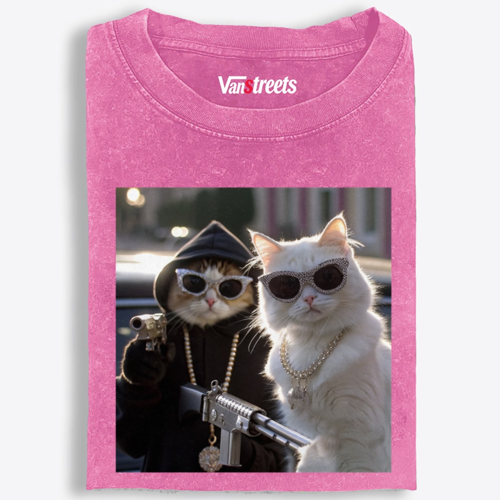 Gangster Cats Retro Washed T-Shirt | 100% Cotton | Streetwear Essential