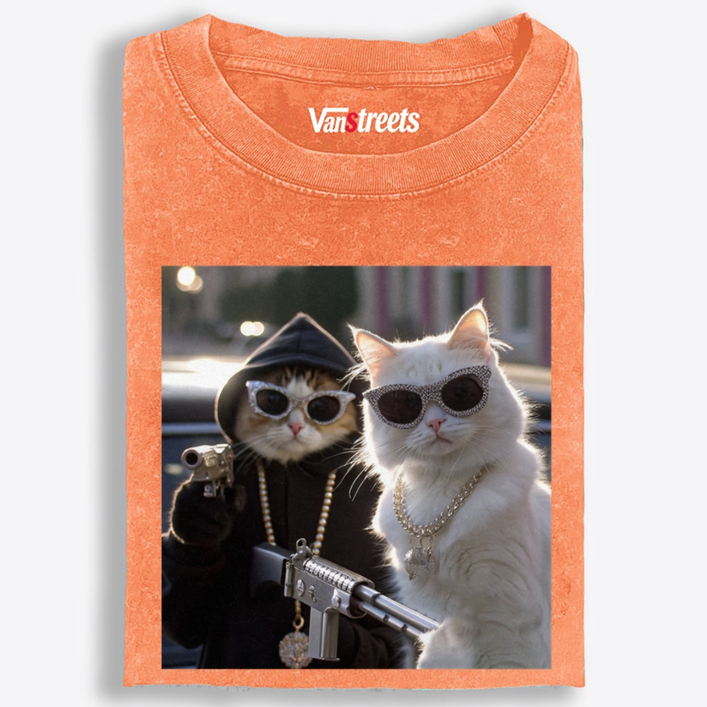 Gangster Cats Retro Washed T-Shirt | 100% Cotton | Streetwear Essential