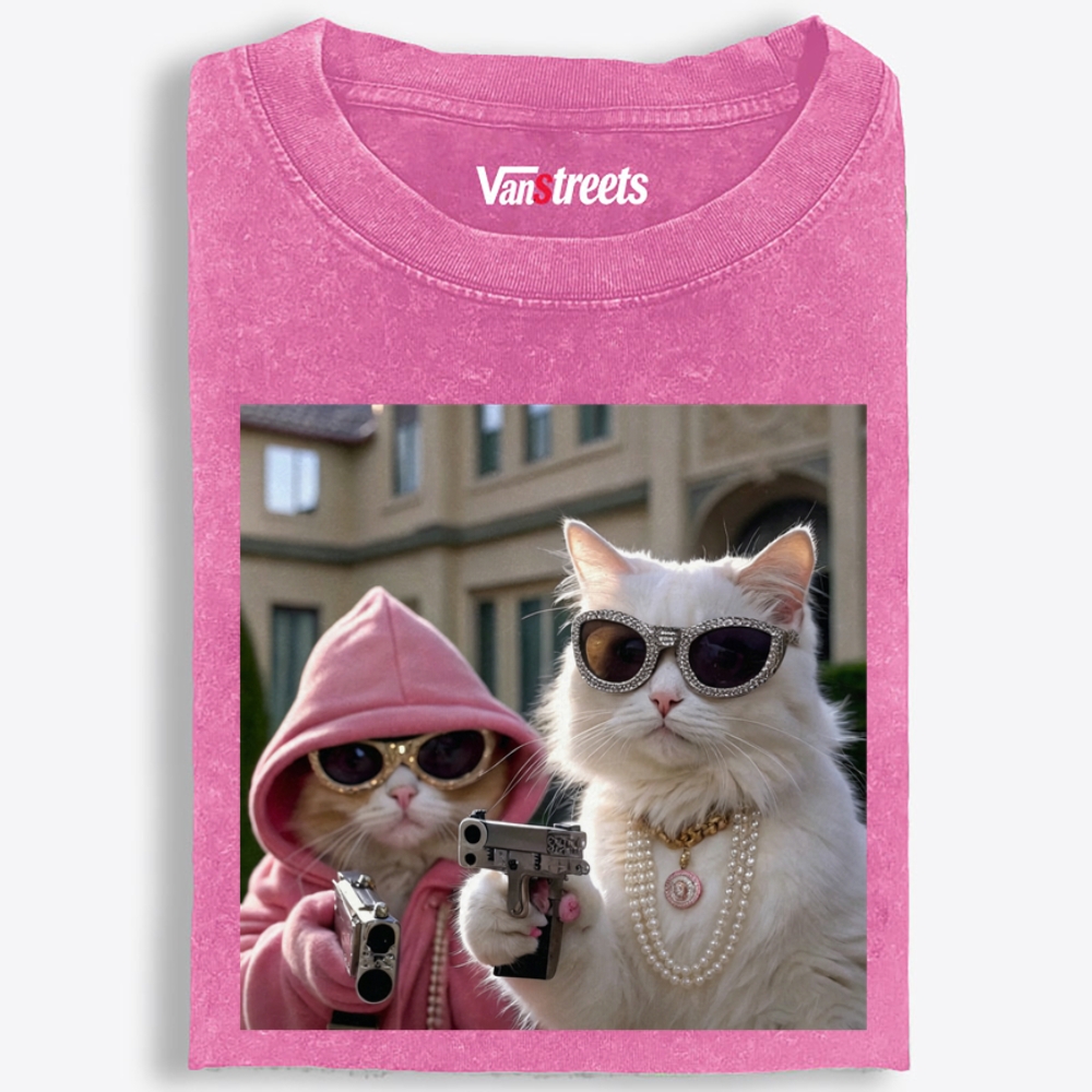 Bling Gangster Cats Retro Washed T-Shirt | 100% Cotton | Streetwear Essential