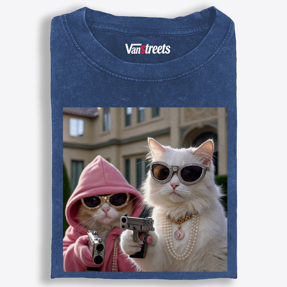 Bling Gangster Cats Retro Washed T-Shirt | 100% Cotton | Streetwear Essential