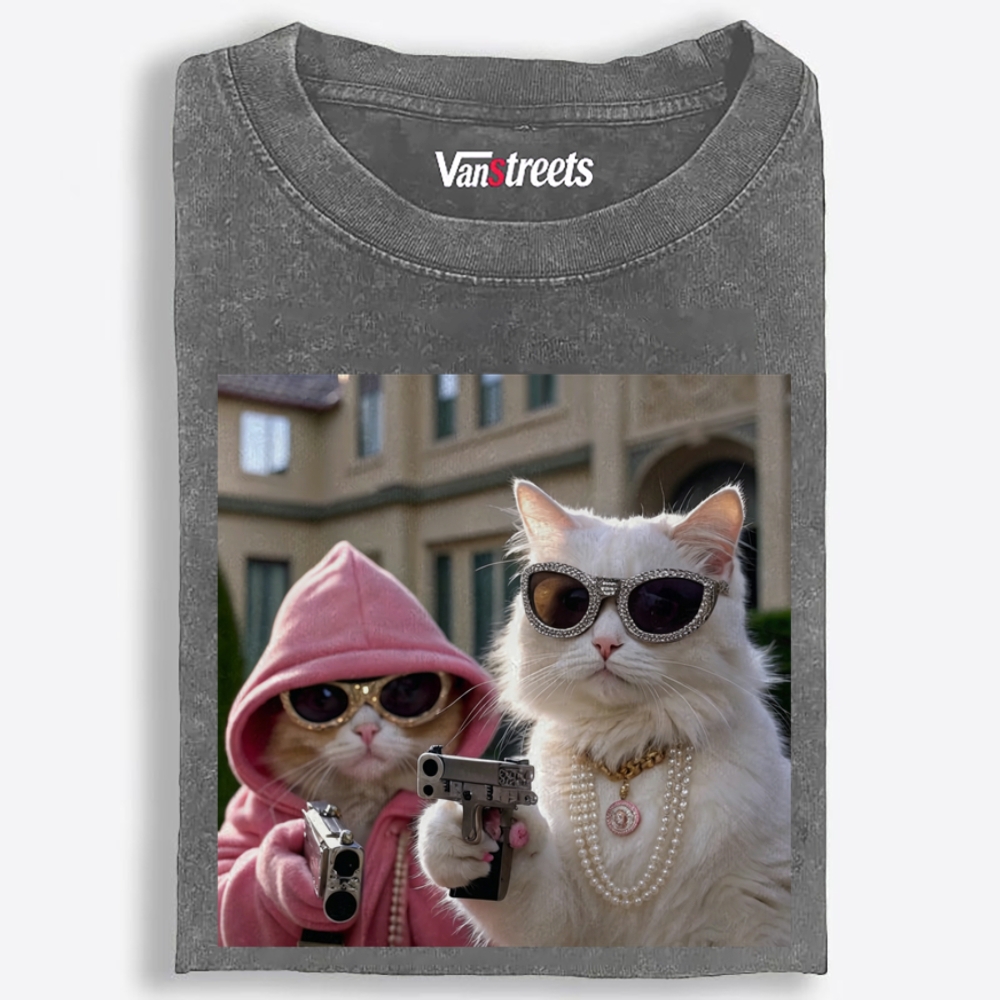 Bling Gangster Cats Retro Washed T-Shirt | 100% Cotton | Streetwear Essential