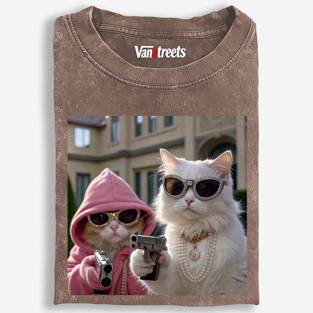 Bling Gangster Cats Retro Washed T-Shirt | 100% Cotton | Streetwear Essential