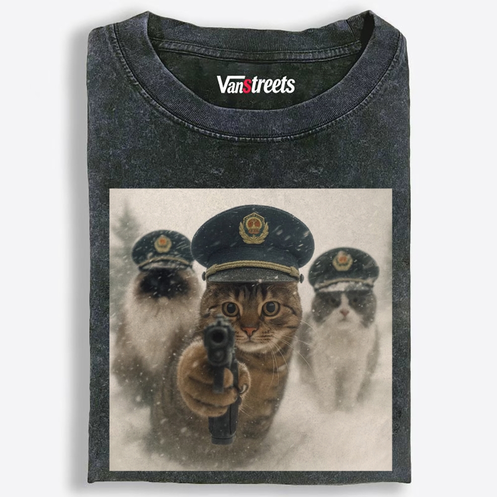 Police Cats Raid Retro Washed T-Shirt | 100% Cotton | Streetwear Essential