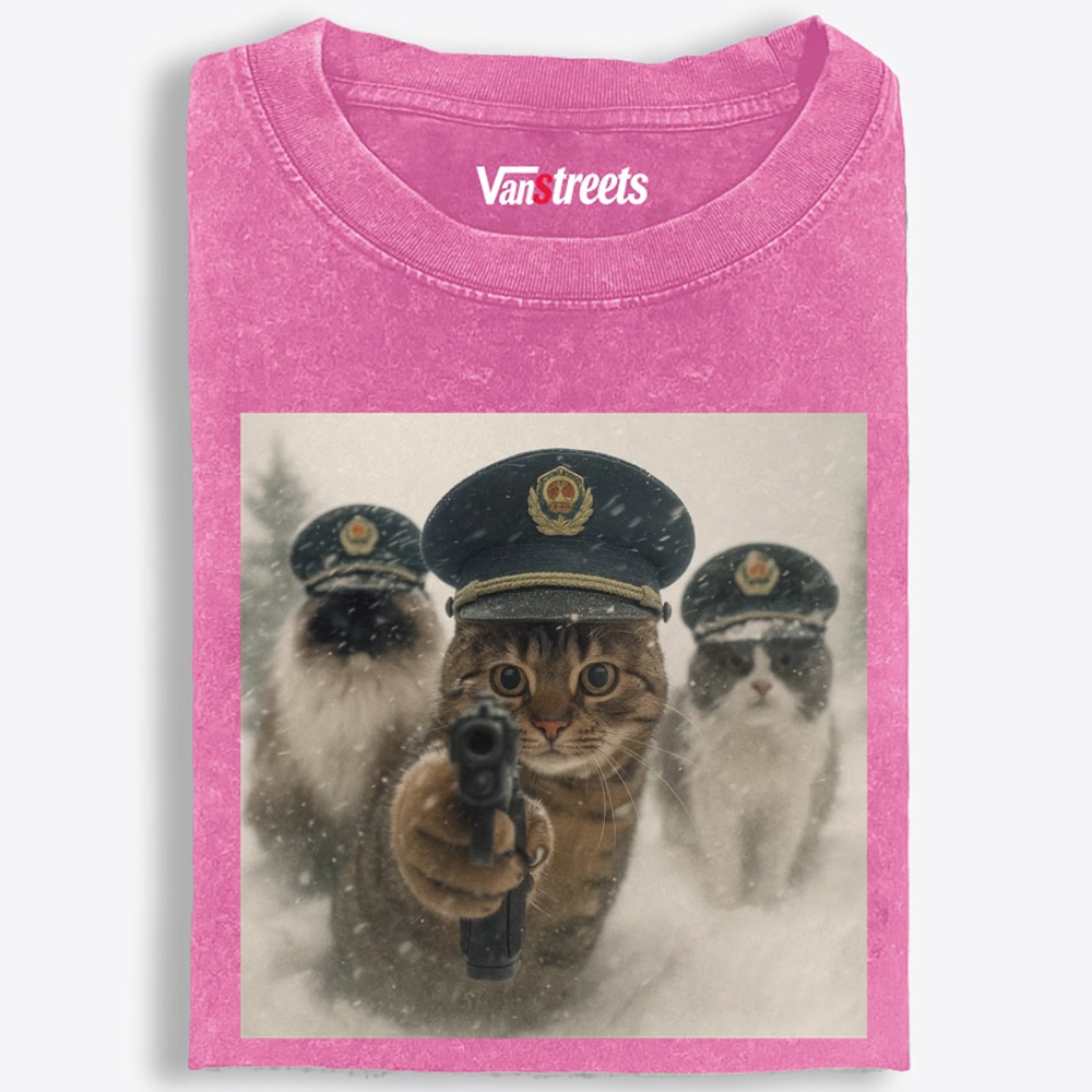Police Cats Raid Retro Washed T-Shirt | 100% Cotton | Streetwear Essential