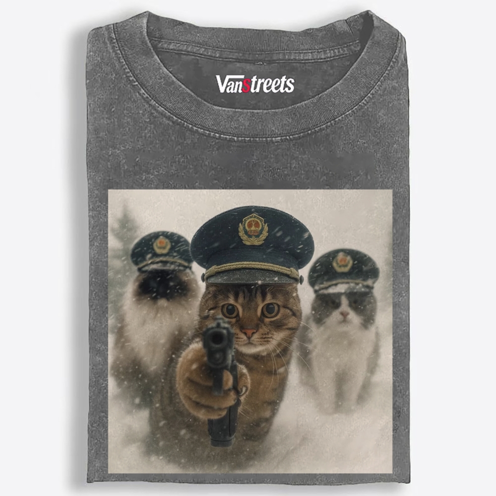 Police Cats Raid Retro Washed T-Shirt | 100% Cotton | Streetwear Essential