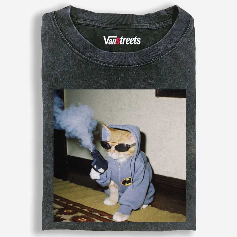 Batman Gun Cat Retro Washed T-Shirt | 100% Cotton | Streetwear Essential