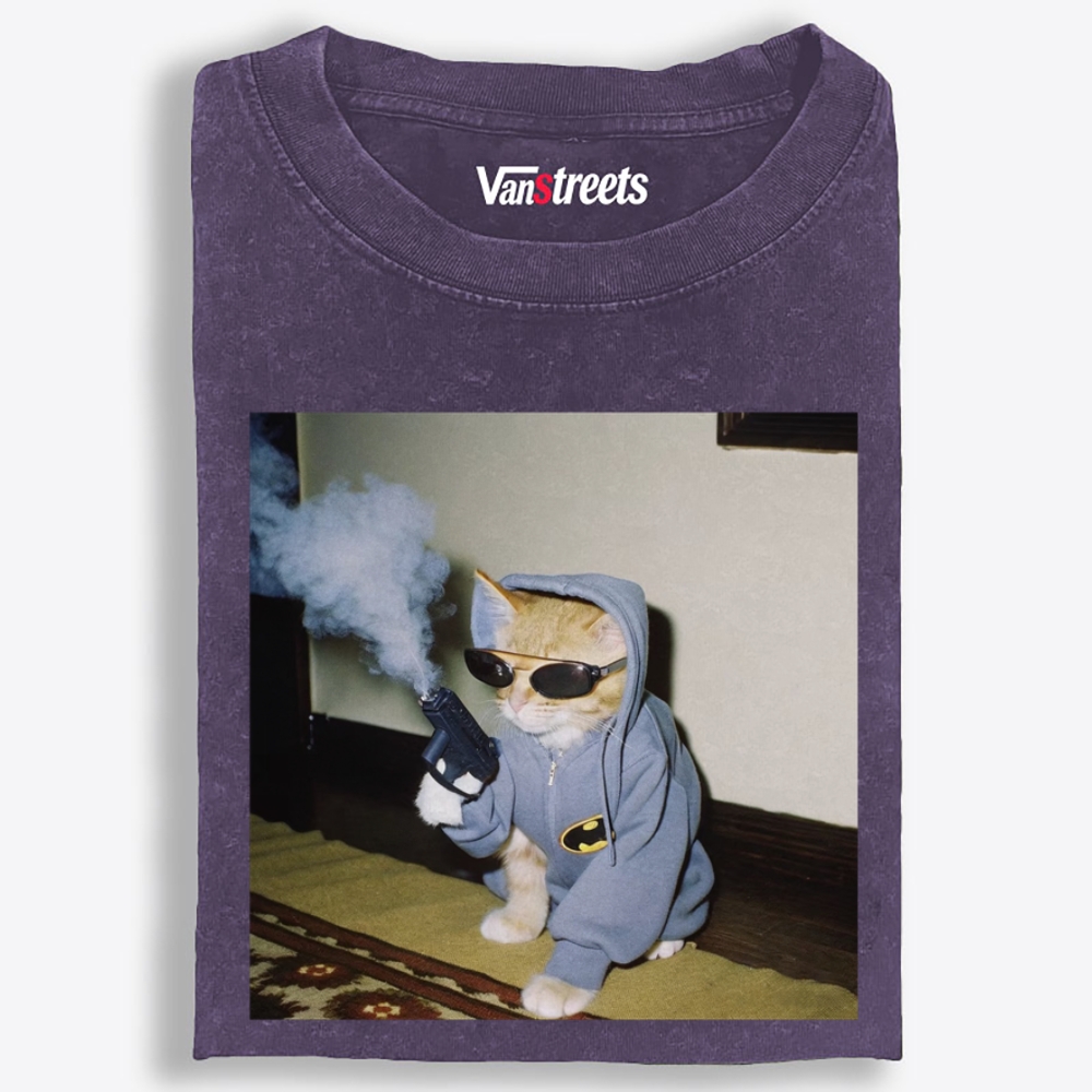 Batman Gun Cat Retro Washed T-Shirt | 100% Cotton | Streetwear Essential