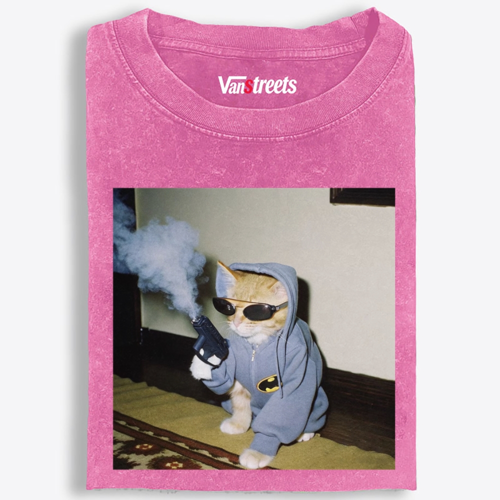 Batman Gun Cat Retro Washed T-Shirt | 100% Cotton | Streetwear Essential