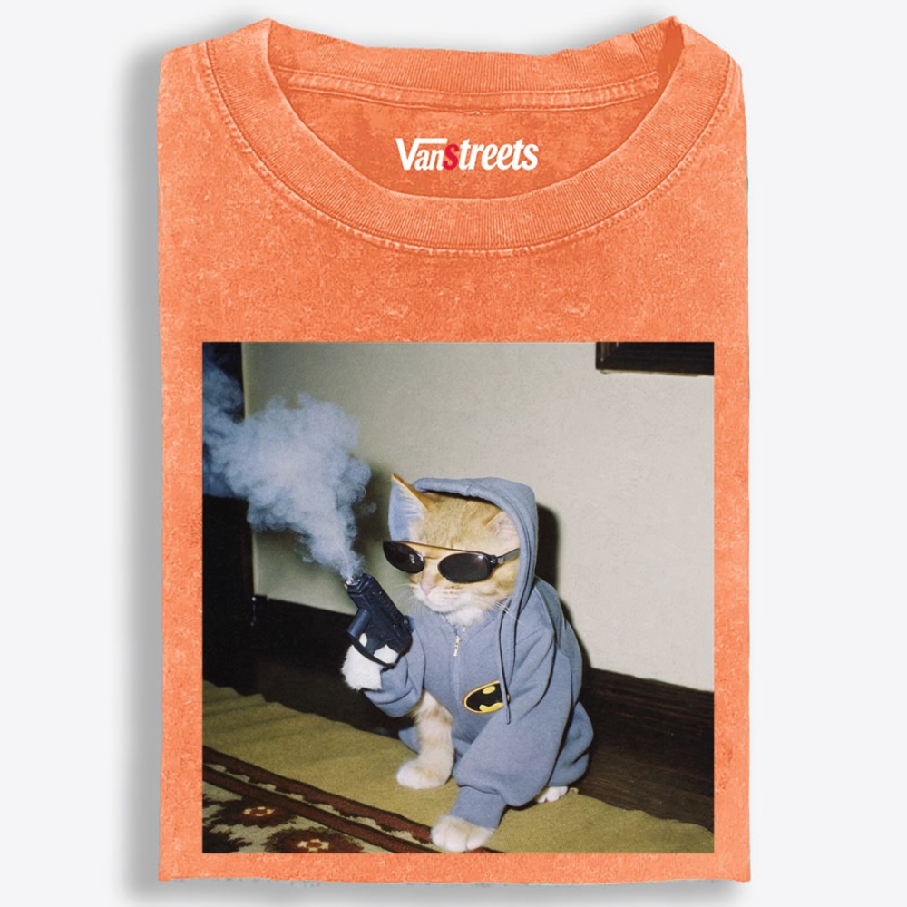 Batman Gun Cat Retro Washed T-Shirt | 100% Cotton | Streetwear Essential