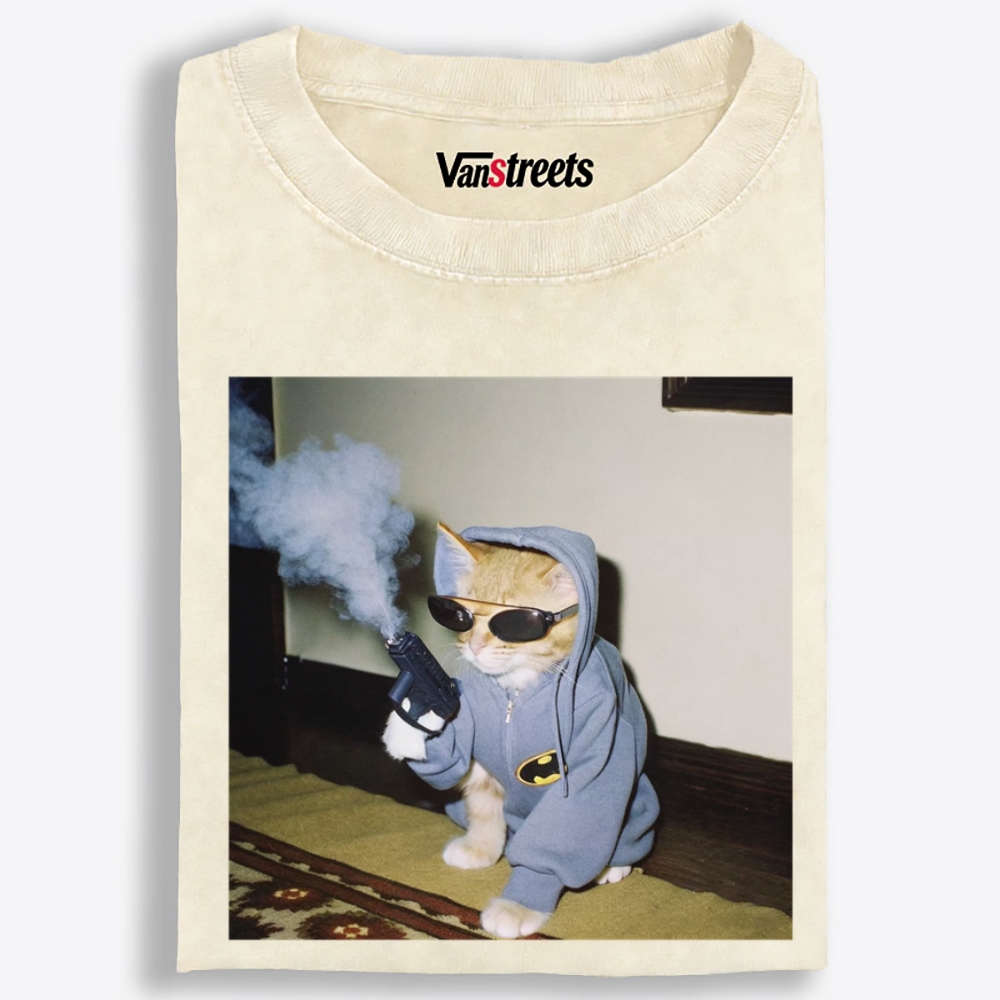 Batman Gun Cat Retro Washed T-Shirt | 100% Cotton | Streetwear Essential