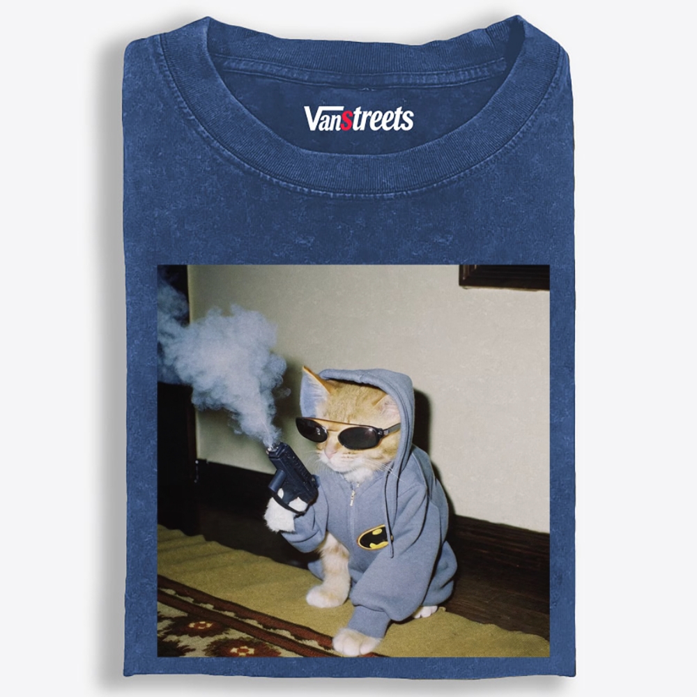 Batman Gun Cat Retro Washed T-Shirt | 100% Cotton | Streetwear Essential