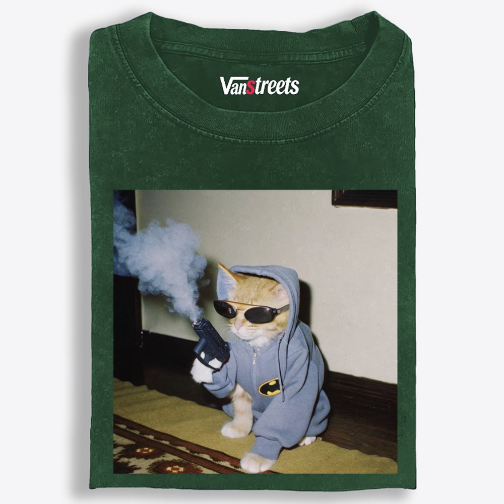 Batman Gun Cat Retro Washed T-Shirt | 100% Cotton | Streetwear Essential
