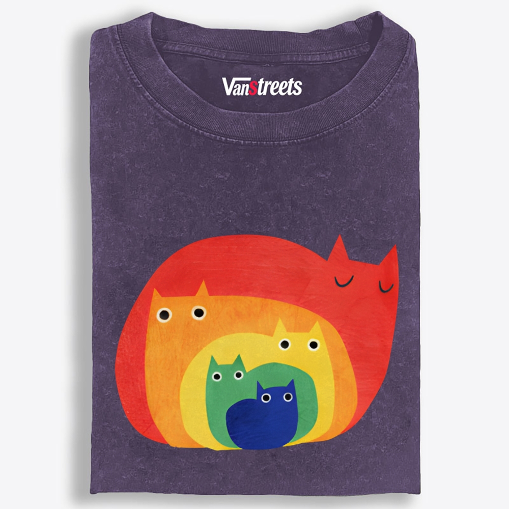 Rainbow Gradient Cat Geometric Art Retro Washed T-Shirt | 100% Cotton | Streetwear Essential