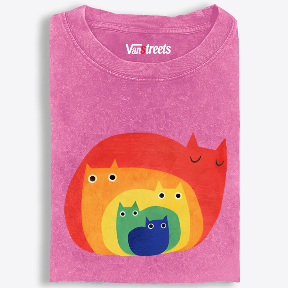 Rainbow Gradient Cat Geometric Art Retro Washed T-Shirt | 100% Cotton | Streetwear Essential