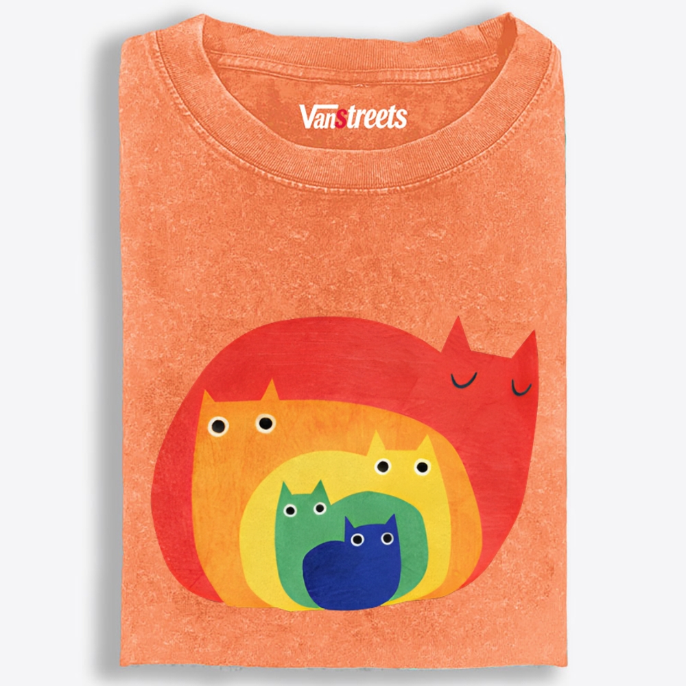 Rainbow Gradient Cat Geometric Art Retro Washed T-Shirt | 100% Cotton | Streetwear Essential
